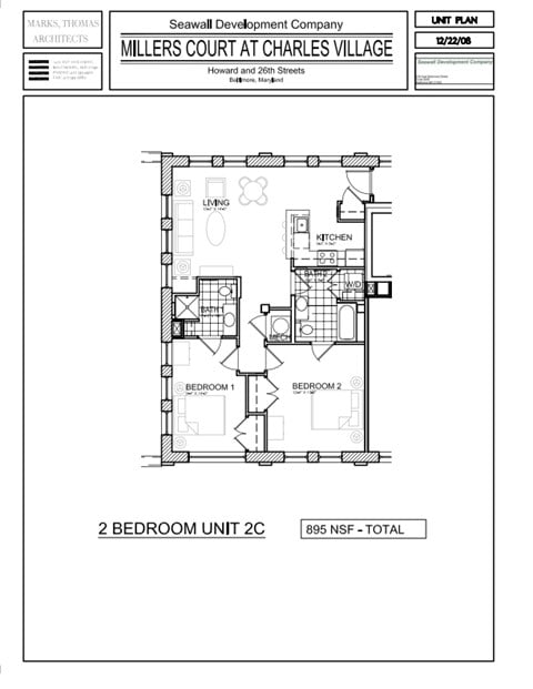 Floor plan for 2 beds, 2 baths, 895 sqft